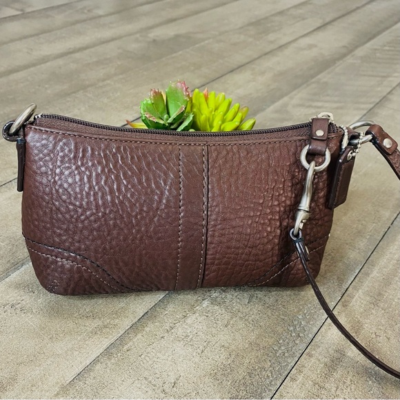 Coach Brown Pebbled Leather Wristlet Mini Bag with Silver Hardware - Picture 3 of 11